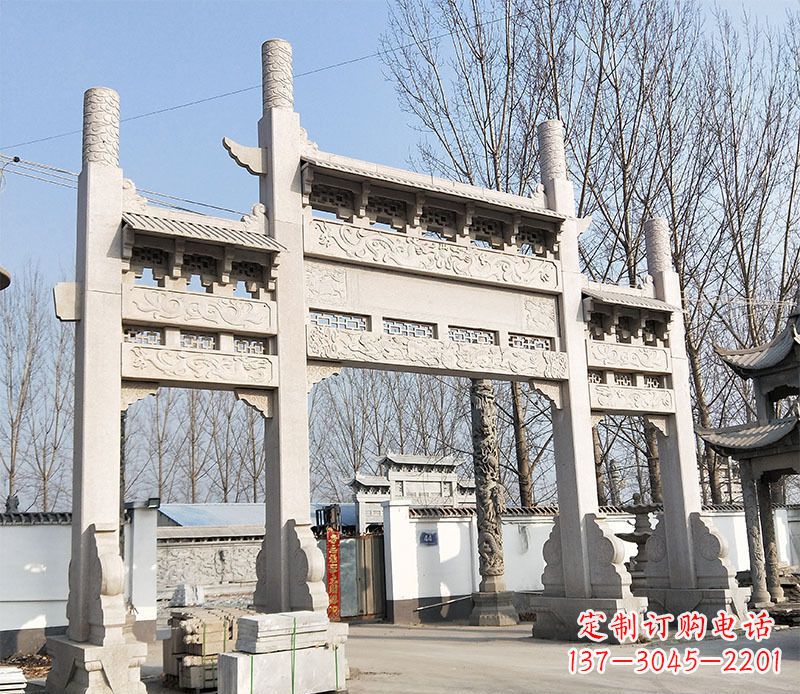 郴州村口三门石牌坊石雕 (3)