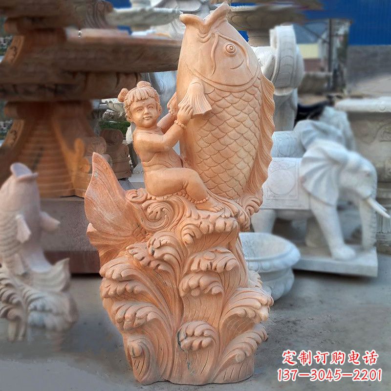 郴州大型喷水鲤鱼景观雕塑-晚霞红石雕动物喷泉