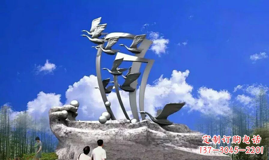 郴州艺术家手工制作的不锈钢飞翔天鹅雕塑