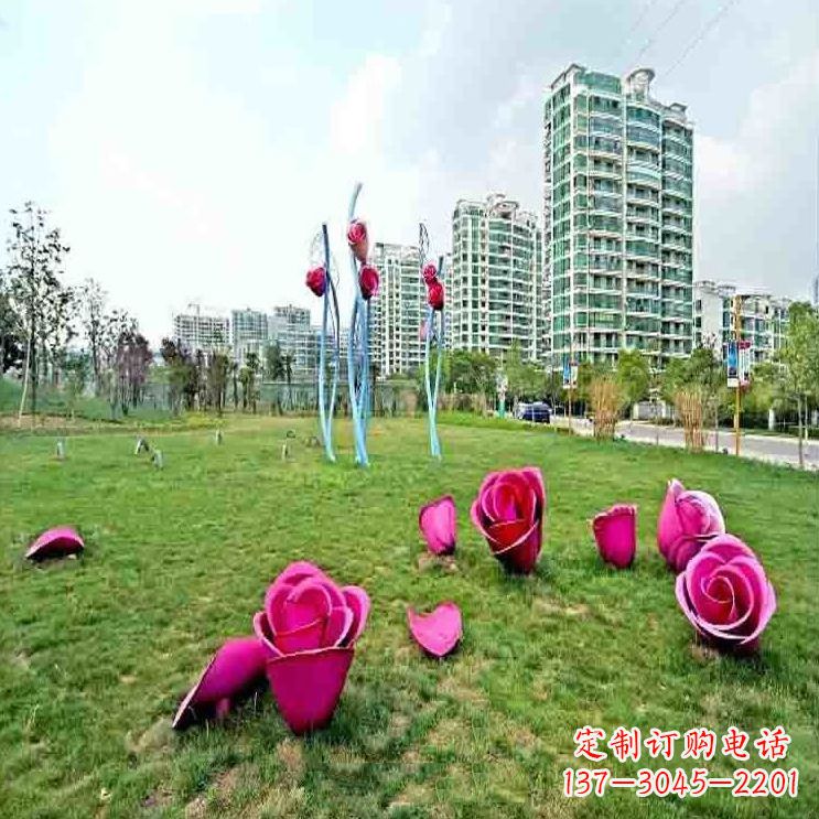 郴州公园草坪不锈钢玫瑰装饰花朵雕塑