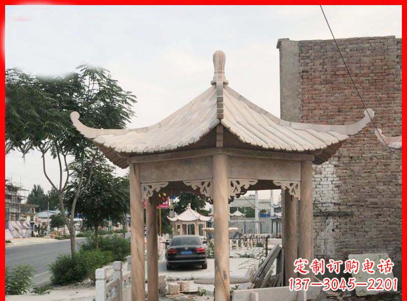 郴州公园晚霞红六角石凉亭雕塑