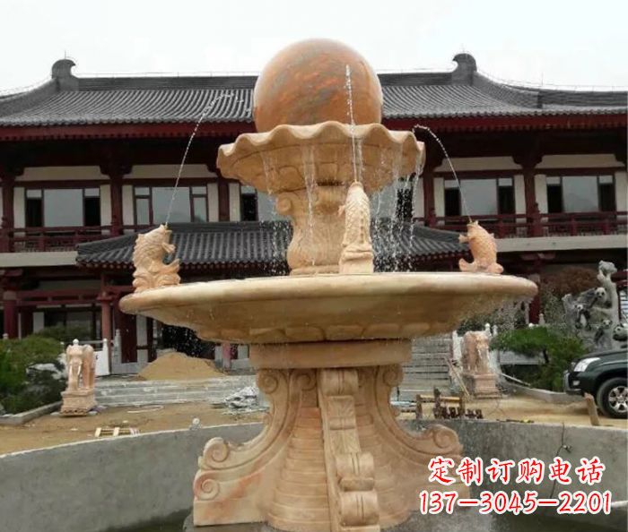 郴州双层风水球喷泉晚霞红石雕