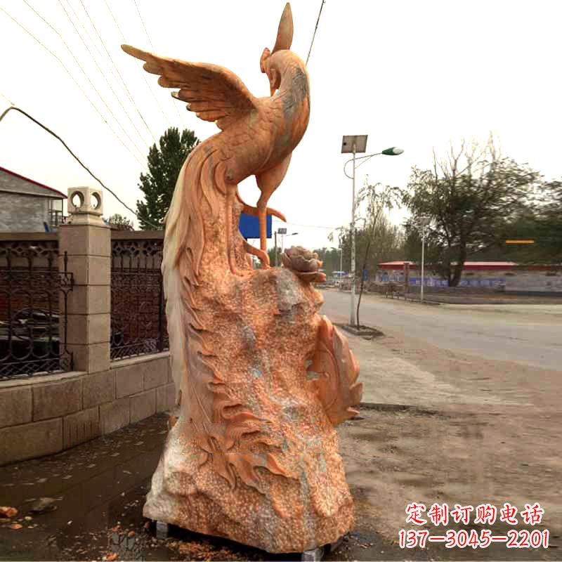 郴州晚霞红大理石瑞鸟凤凰雕塑