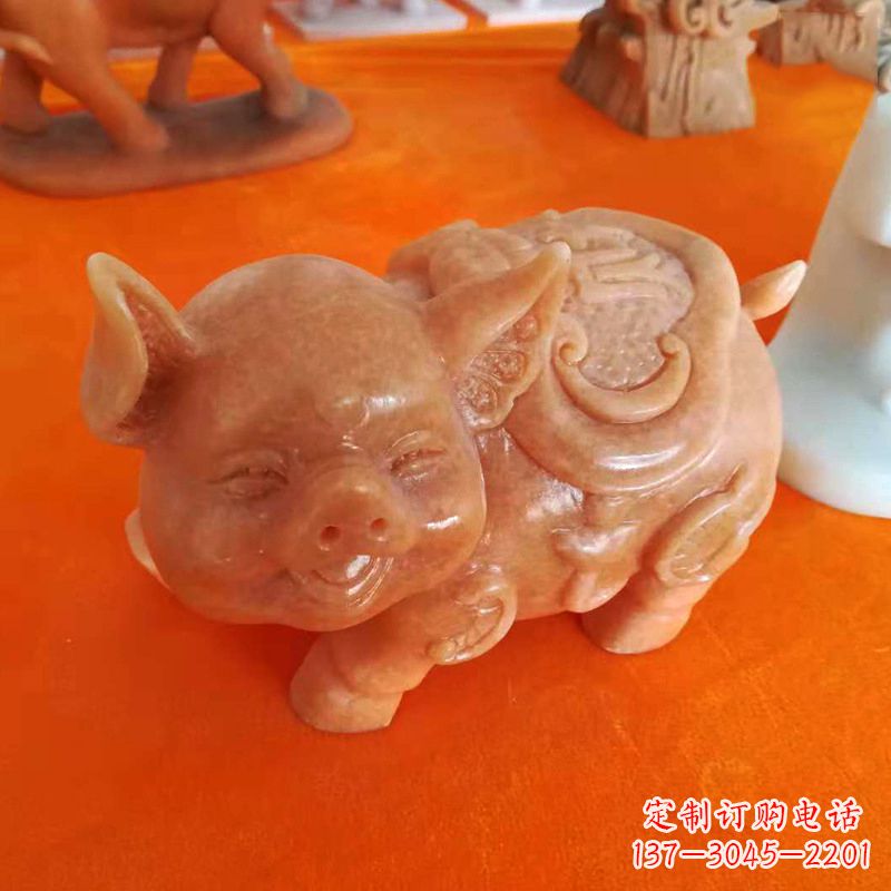 郴州晚霞红大理石招财猪雕塑-企业商场创意生肖动物风水摆件