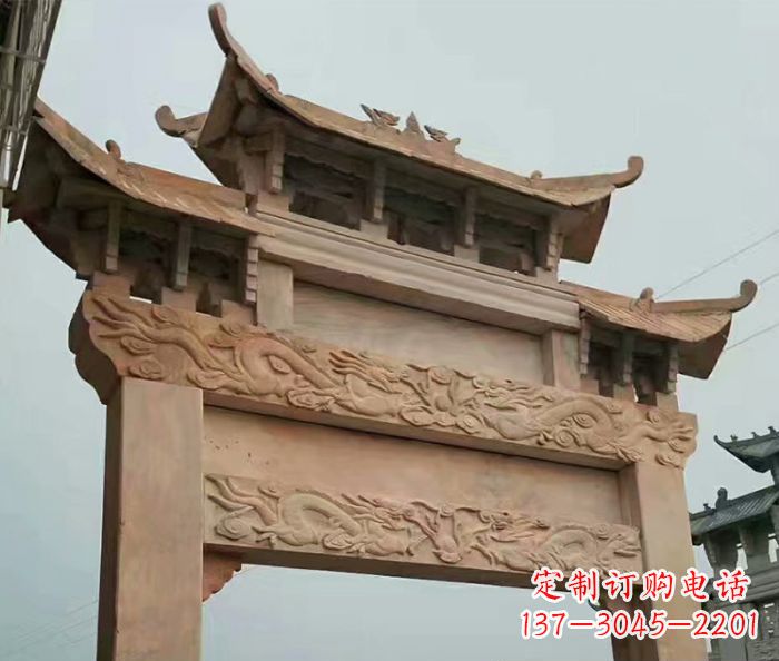 郴州晚霞红石雕单门牌坊