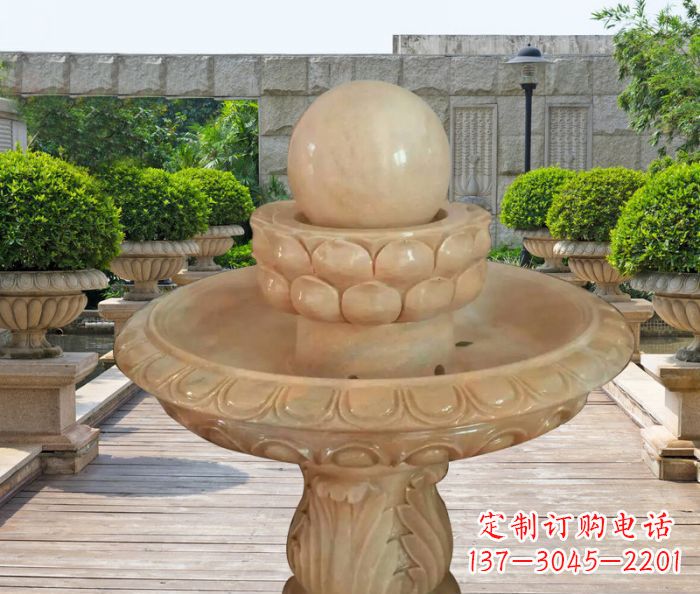 郴州晚霞红双层风水球公园喷泉石雕 (2)