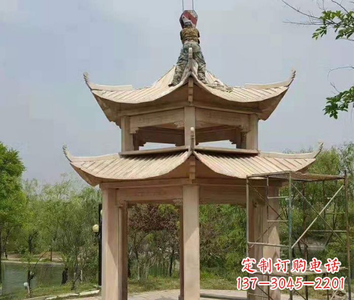 郴州晚霞红双层凉亭石雕 (2)