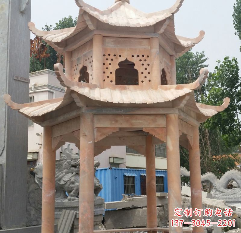 郴州晚霞红双层六角凉亭石雕 (2)