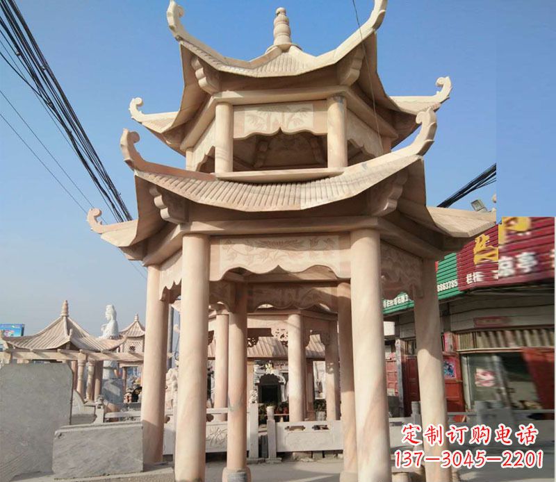 郴州晚霞红双层六角凉亭石雕 (3)