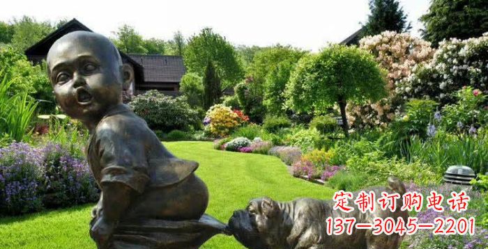 郴州小狗叼小孩裤子童趣铜雕