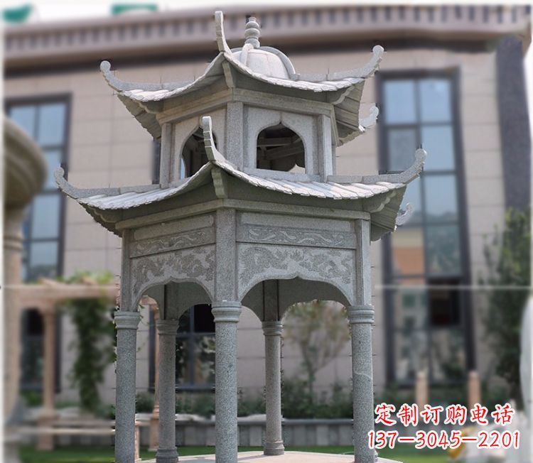 郴州小区大理石六角石雕双层凉亭