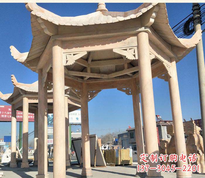 郴州园林景观晚霞红六角石雕凉亭 (2)