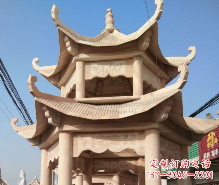 郴州园林景观晚霞红双层石雕凉亭 (2)