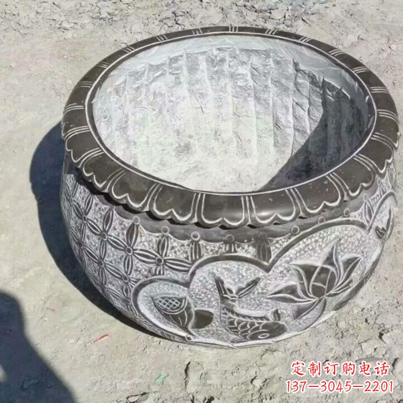 郴州园林莲花鱼纹石雕水缸