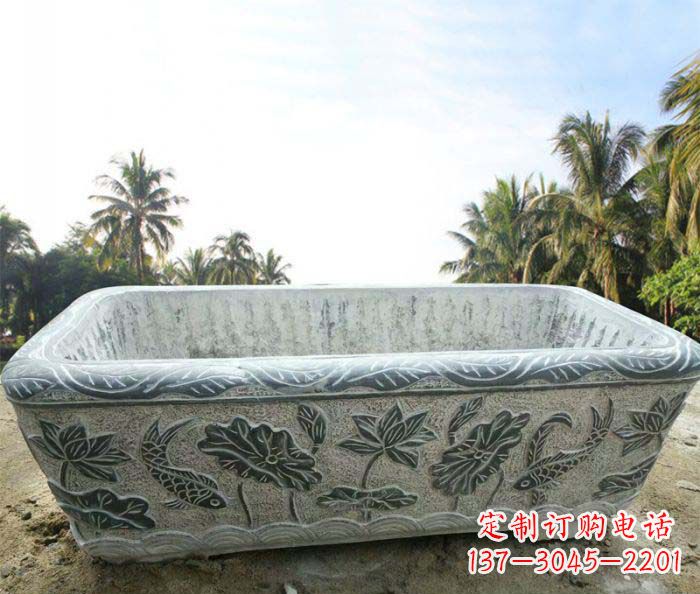 郴州长方形连年有余荷花浮雕石水缸